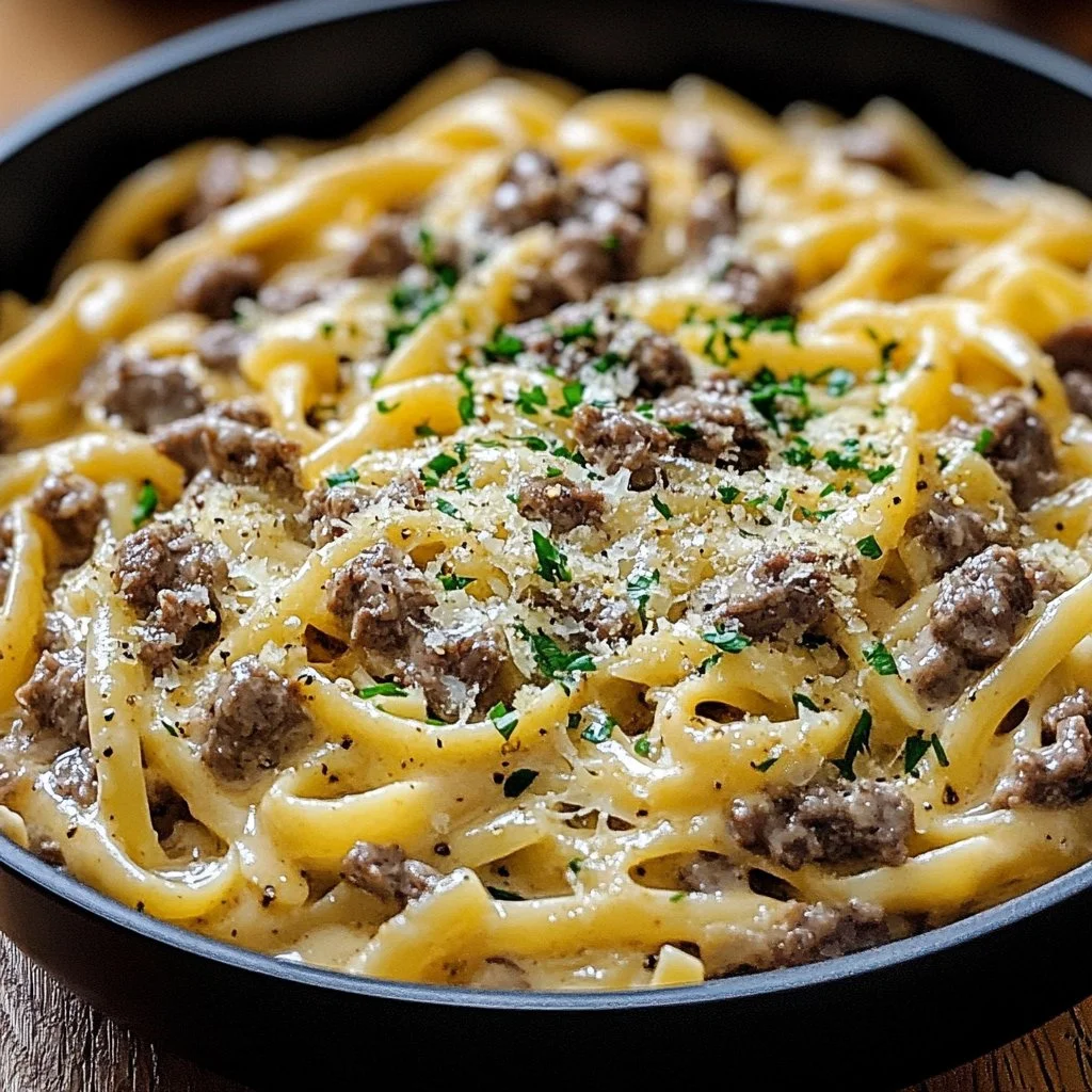 One-Pot Creamy Beef and Garlic Butter Pasta dish in a bowl