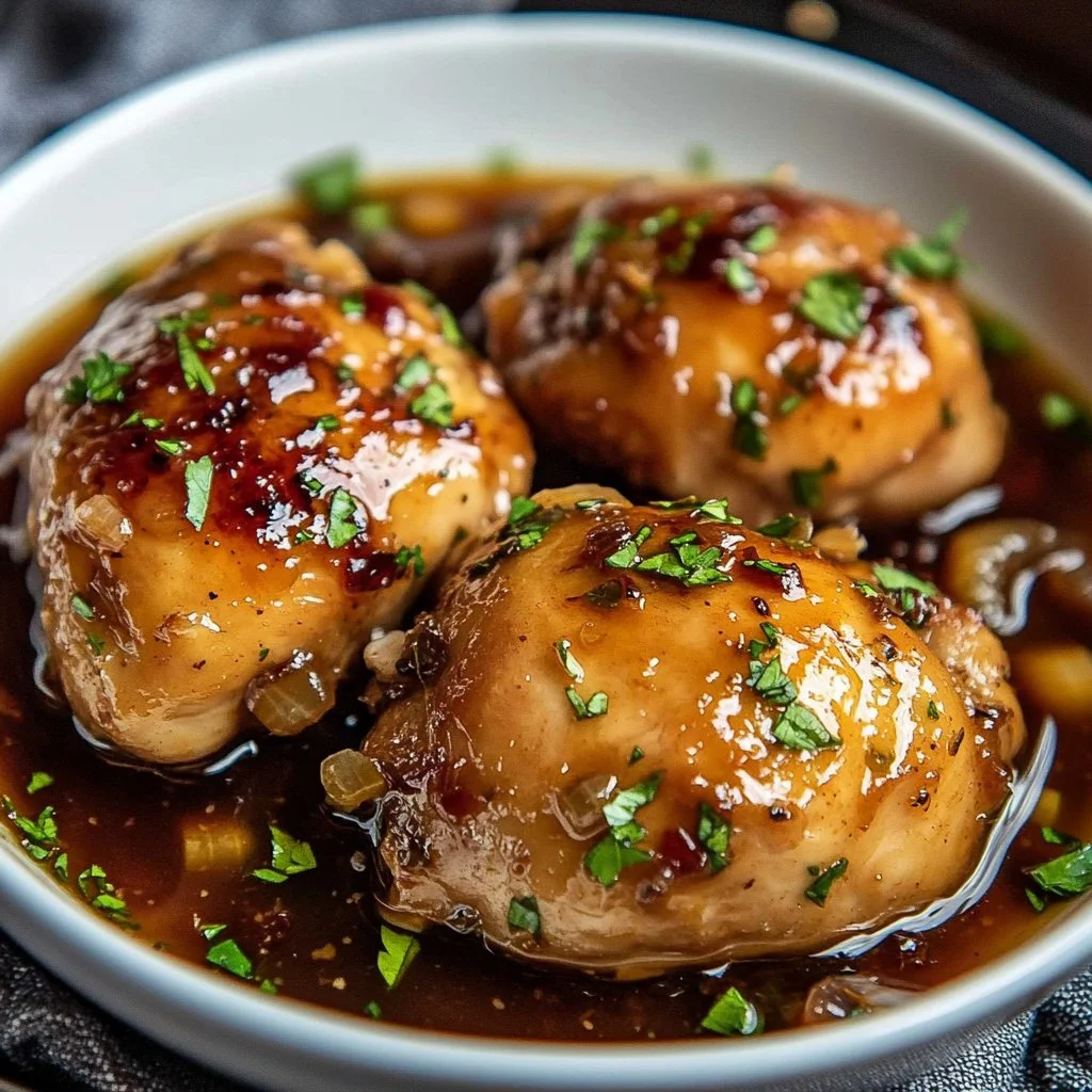 Slow Cooker Brown Sugar Garlic Chicken served on a plate, glistening with sauce.