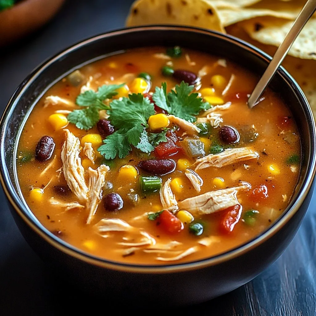 Slow-cooked chicken tortilla soup in a bowl with tortilla strips and avocado