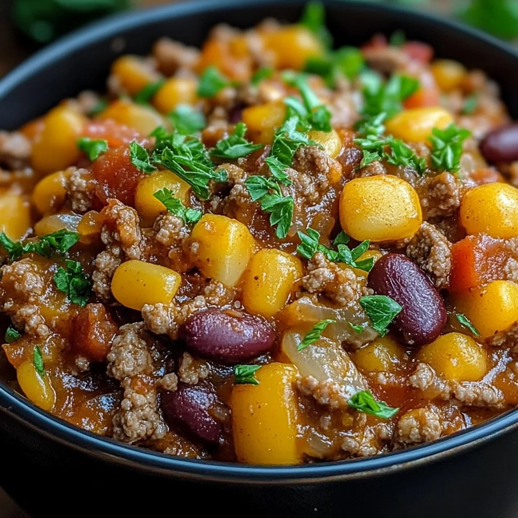Slow Cooker Cowboy Casserole with ground beef, beans, and peppers