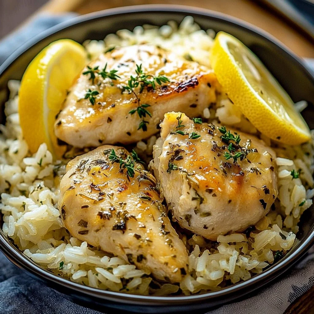 Plate of Slow Cooker Lemon Herb Chicken and Rice garnished with fresh herbs