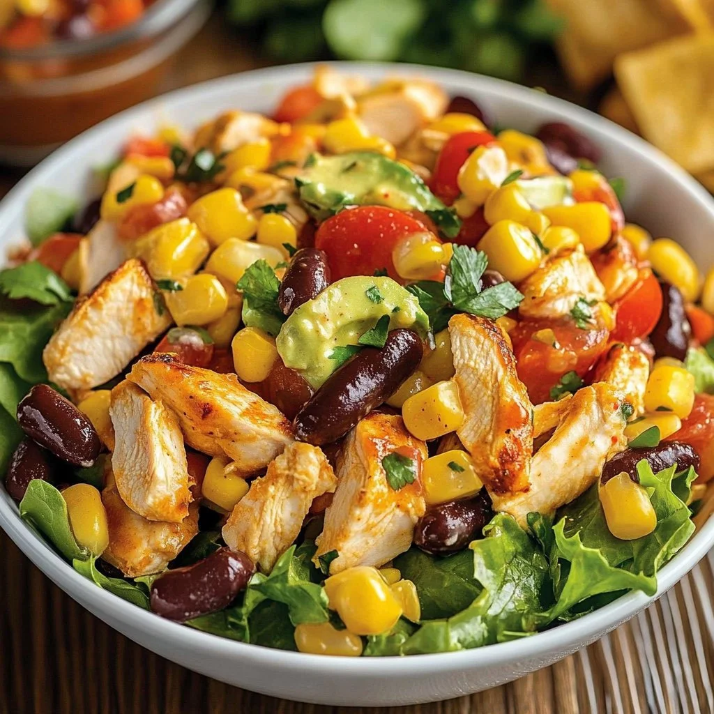 Delicious Southwest Chicken Salad with grilled chicken, fresh vegetables, and dressing.