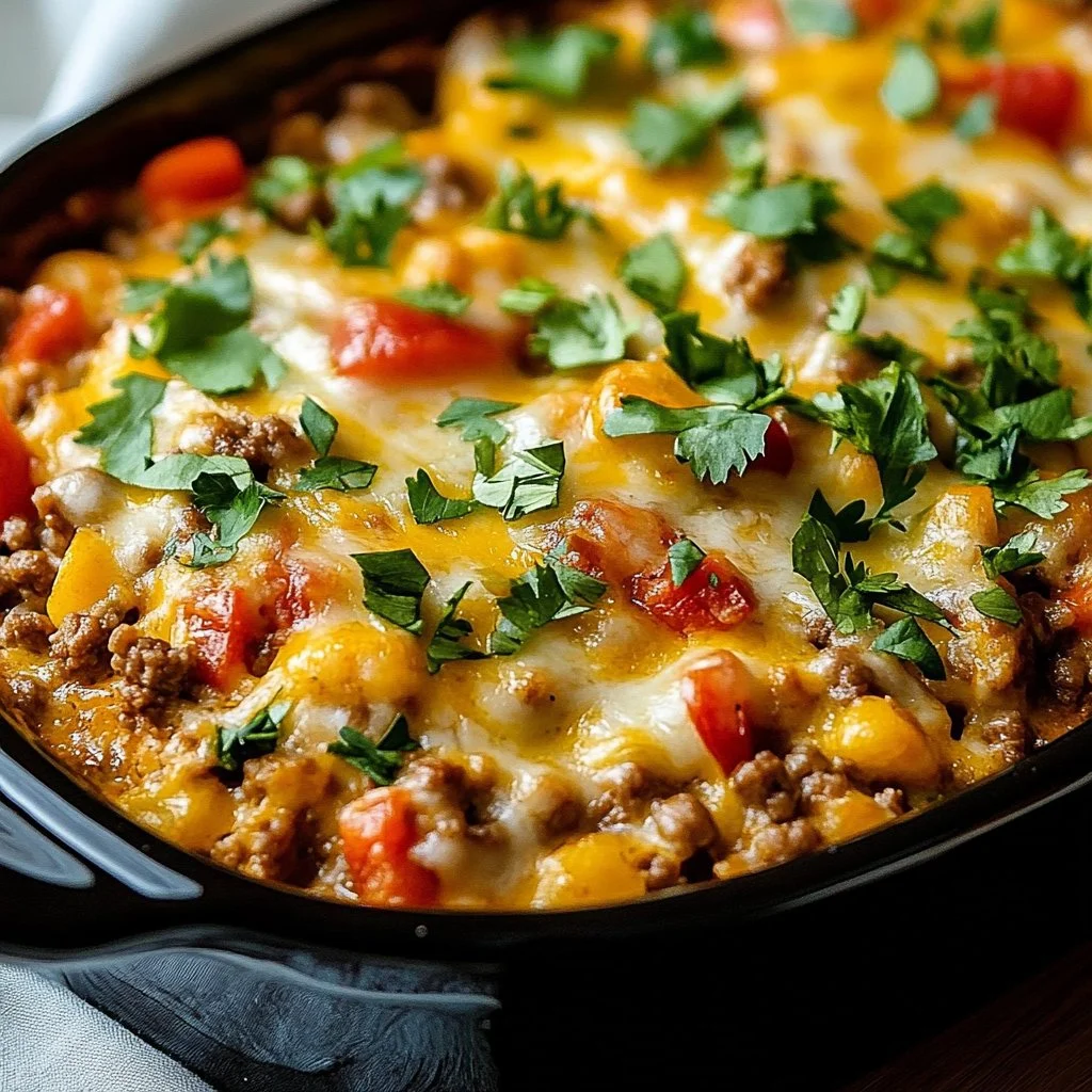 Southwest Ground Turkey Casserole with cheese, beans, and spices in a baking dish.