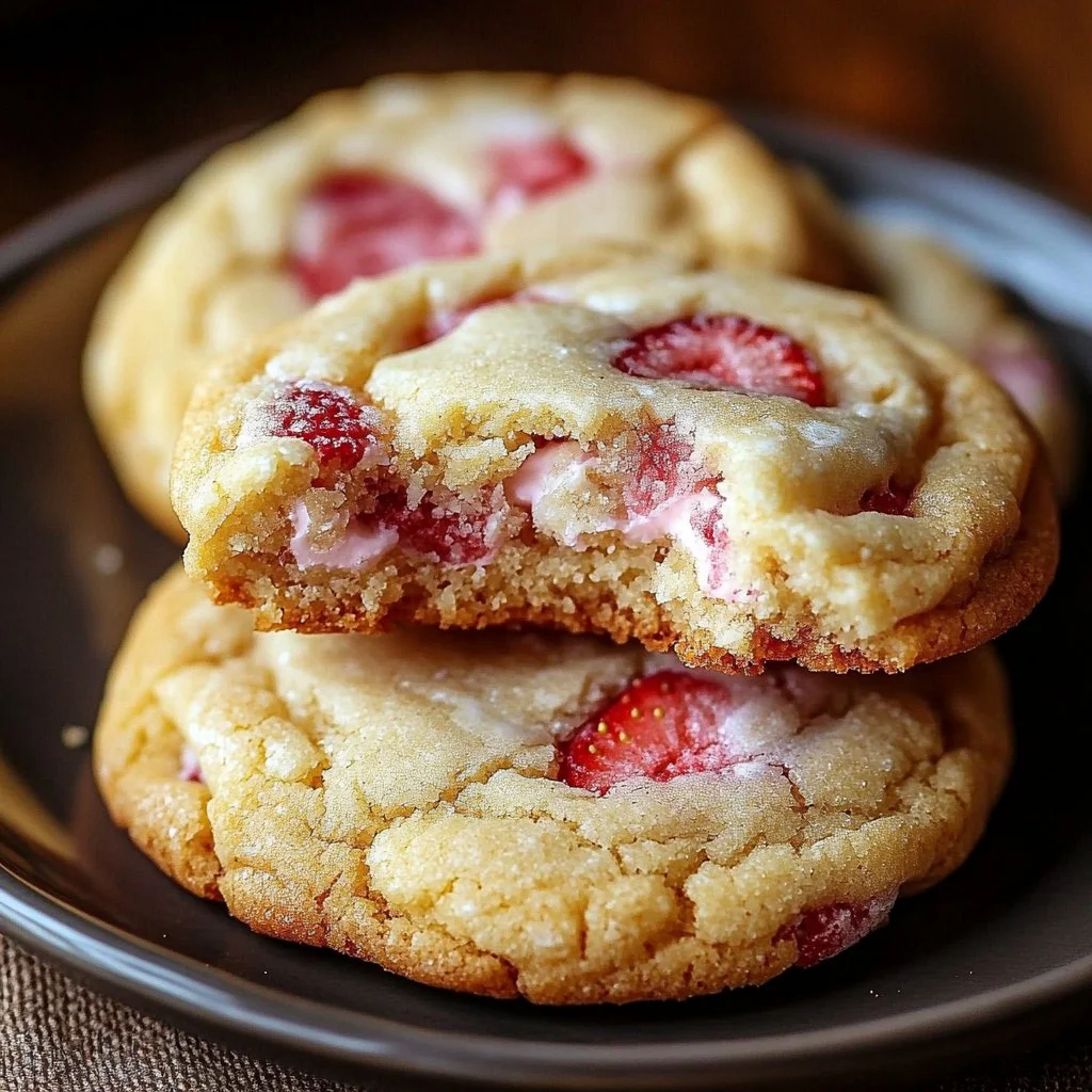 Delicious strawberry cheesecake cookies with creamy frosting and fresh strawberries.