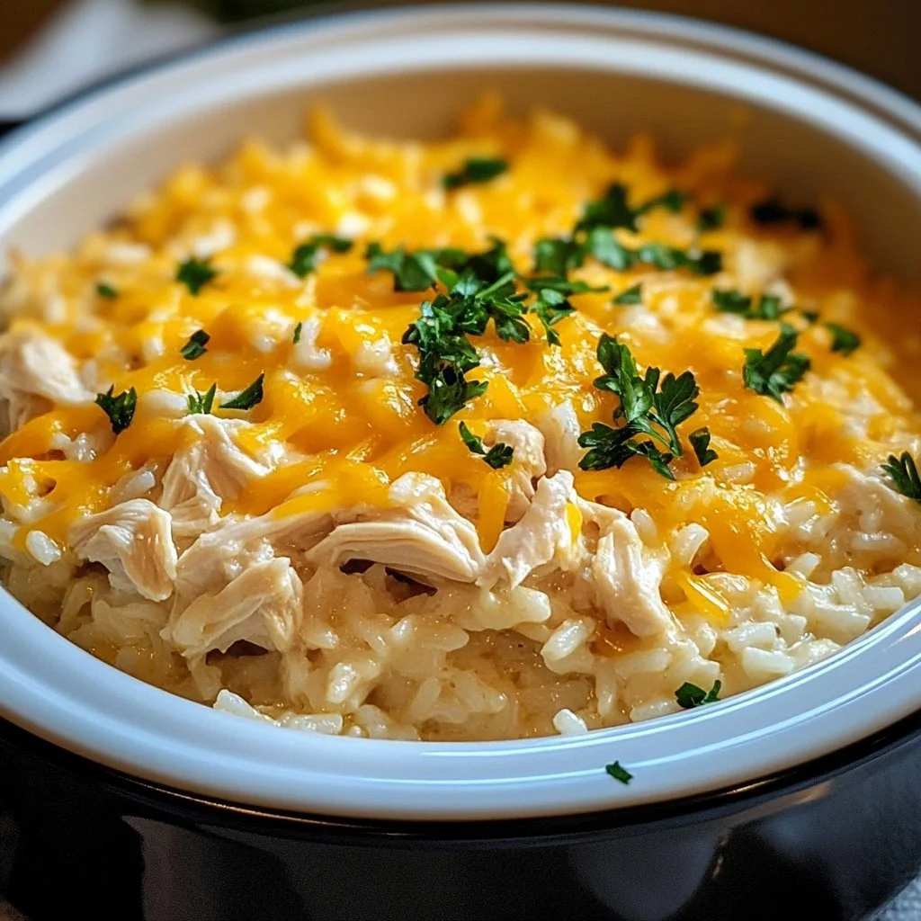 Delicious crockpot chicken and rice casserole served in a family-friendly dish