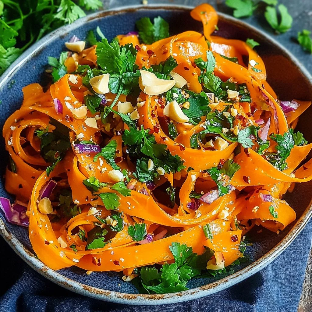 Colorful carrot ribbon salad served in a bowl, garnished with fresh herbs.